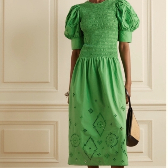 Ganni Backless Shereed Broderie Anglese Kelly Green Smocked Eyelet Midi Dress - Picture 1 of 13
